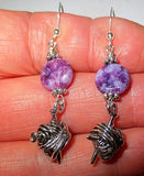 knitting theme silver earrings -- plain or with gemstones -- yarn with needles purple leopodite / sterling silver wires / knitting charm
