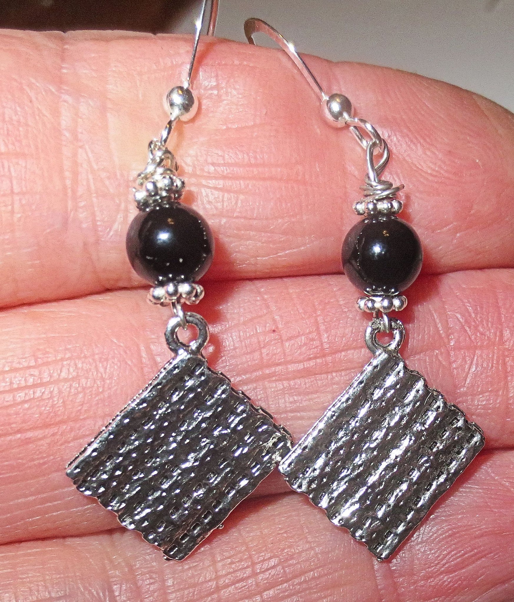 passover gemstone silver charm earrings seder plates, matzo, haggadah, jerusalem star matzo / black onyx / regular sterling earwires