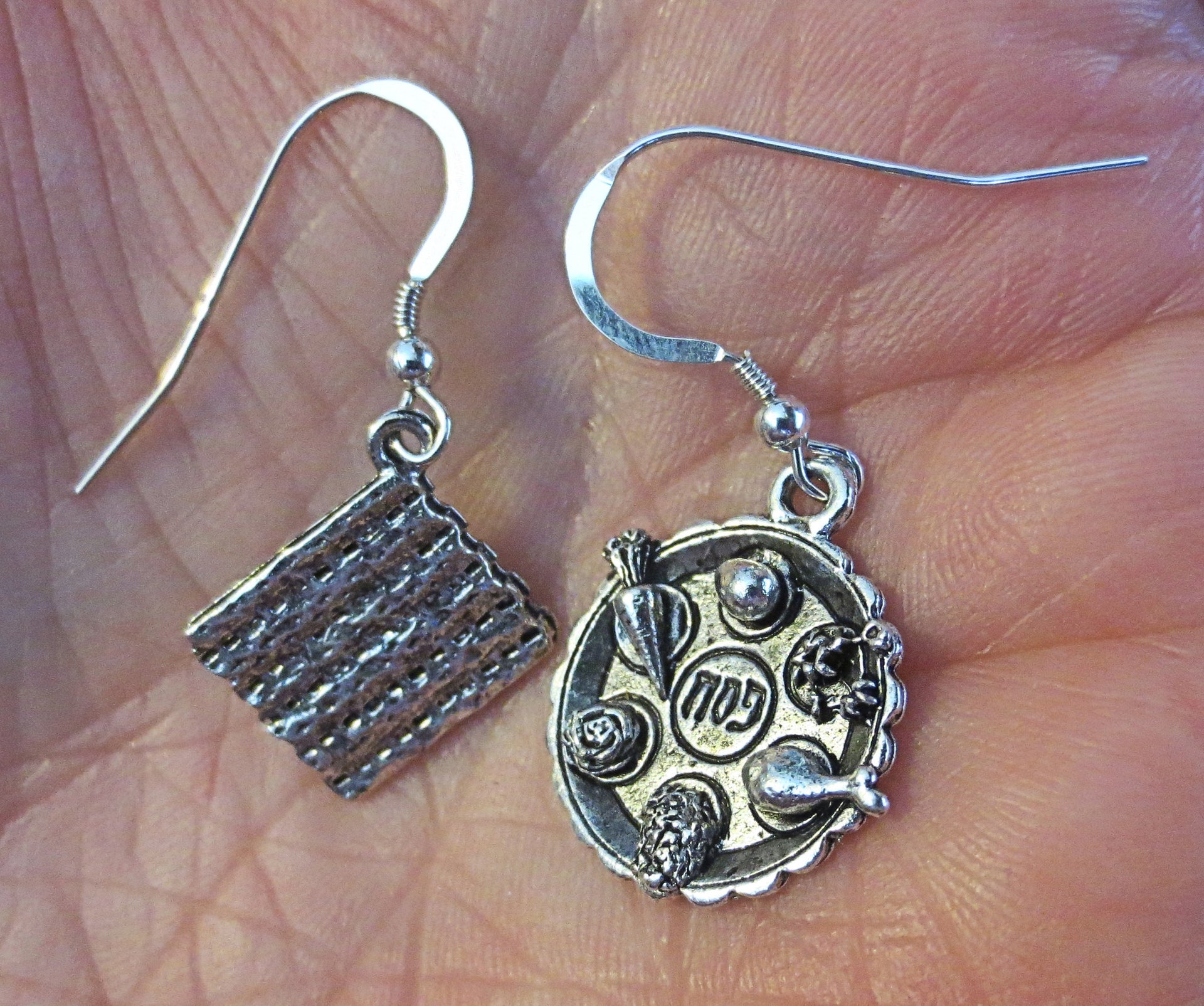 passover theme silver earrings one seder plate one matzah / sterling silver wires