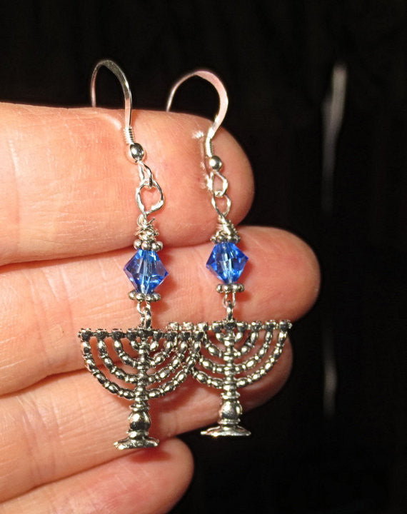 hanukkah or chanukah swarovski crystals silver earrings menorahs and dreidels sterling ear wires