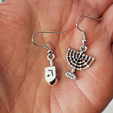hanukkah or chanukah simple silver earrings menorahs and dreidels