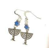 hanukkah or chanukah swarovski crystals silver earrings menorahs and dreidels sterling ear wires sapphire bicone swarovski crystals / menorahs / regular ear wires