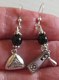 gemstone silver charm earrings for purim black onyx / one hamentashen one grogger / sterling regular ear wires