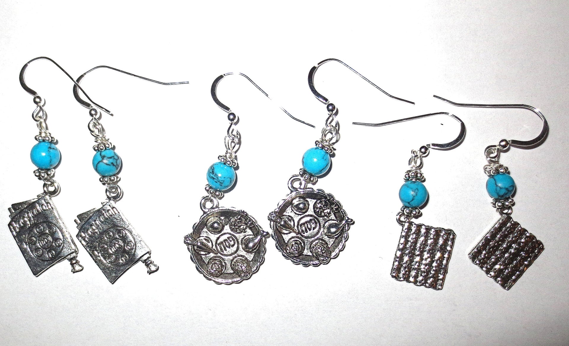 gemstone silver charm earrings for passover seder plates, matzah, haggadah