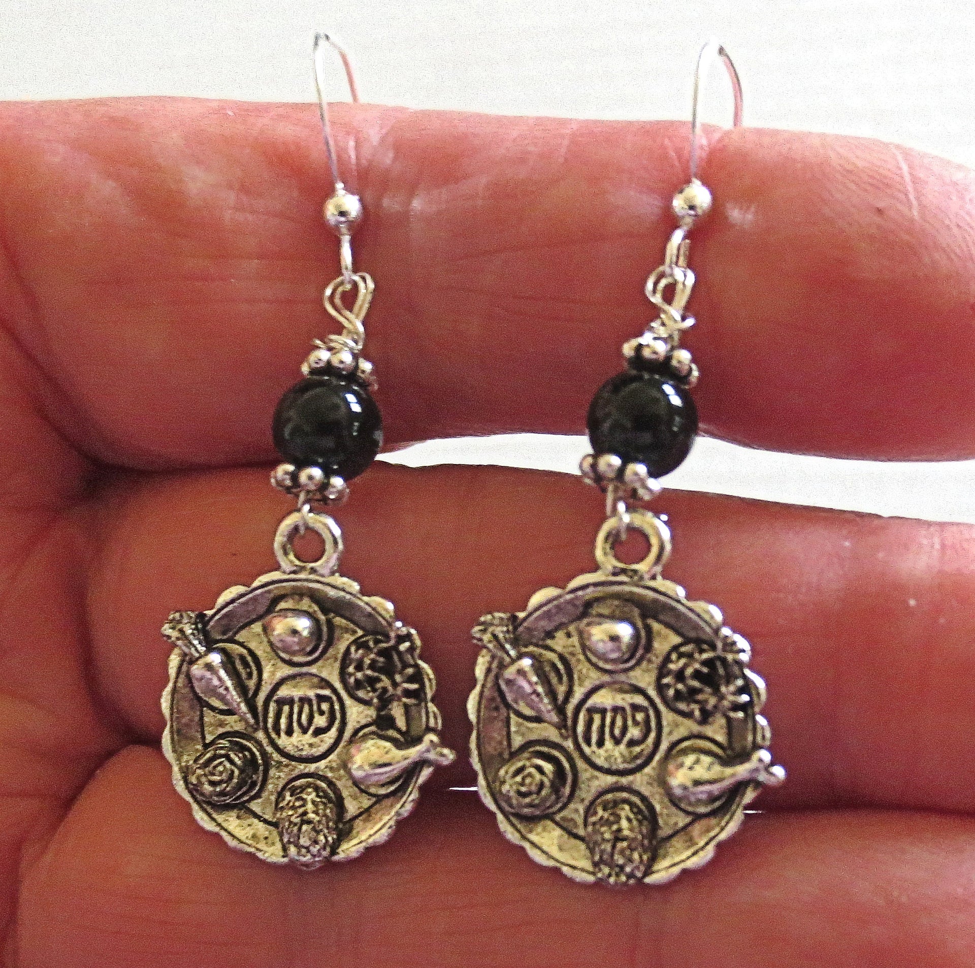 passover gemstone silver charm earrings seder plates, matzo, haggadah, jerusalem star seder plates / black onyx / regular sterling earwires