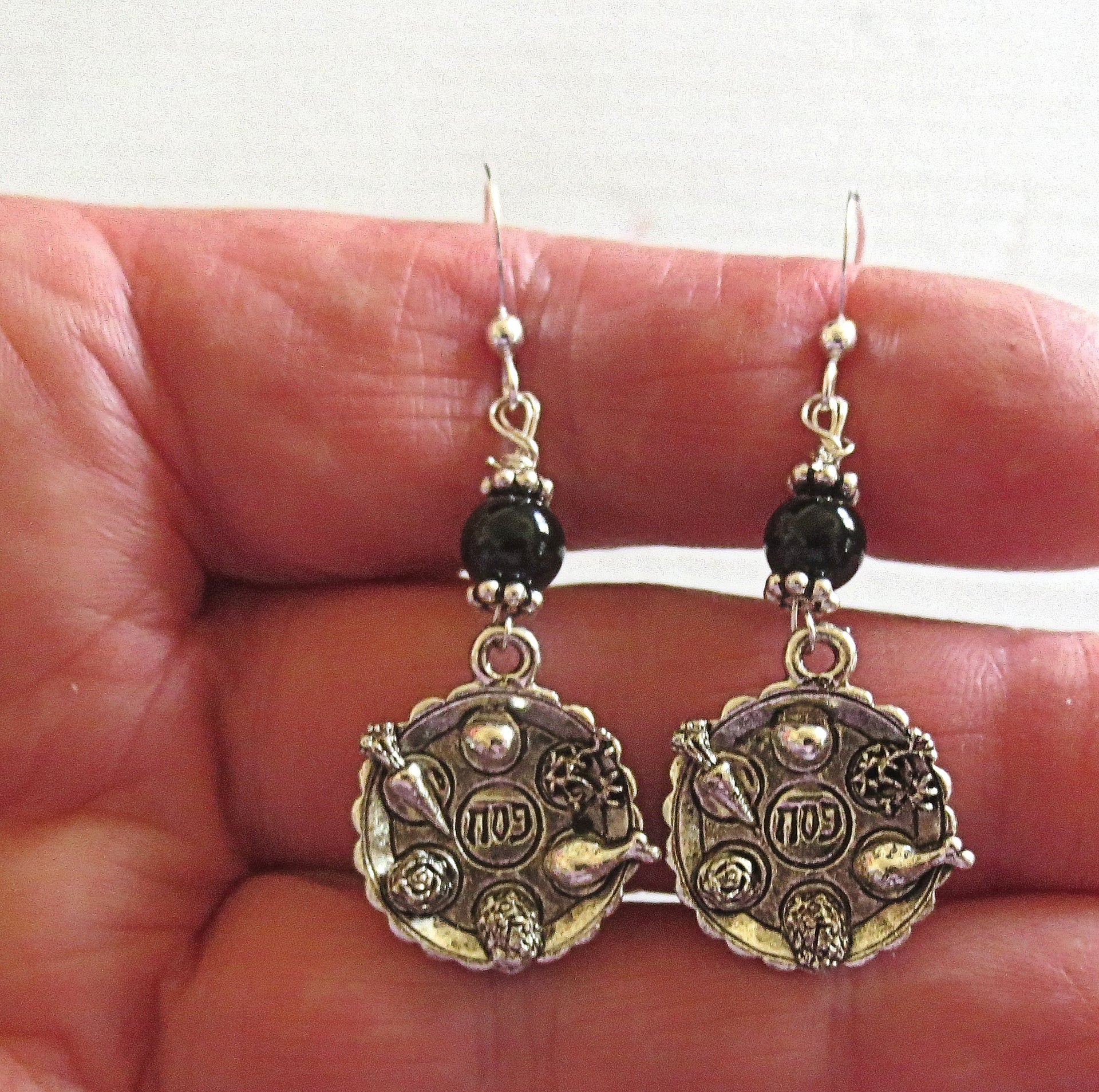 passover gemstone silver charm earrings seder plates, matzo, haggadah, jerusalem star