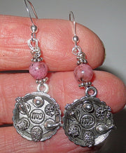 gemstone silver charm earrings for passover seder plates, matzah, haggadah pink sesame jasper / seder plates / sterling silver regular ear wires