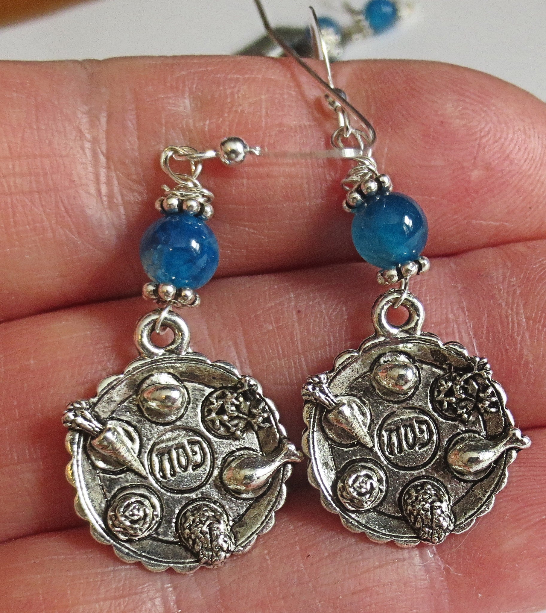 passover gemstone silver charm earrings seder plates, matzo, haggadah, jerusalem star