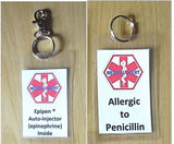 medical alert tag epipen ® auto-injector (epinephrine) inside laminated tag personalize epinephrine + penicillin allergy / hook