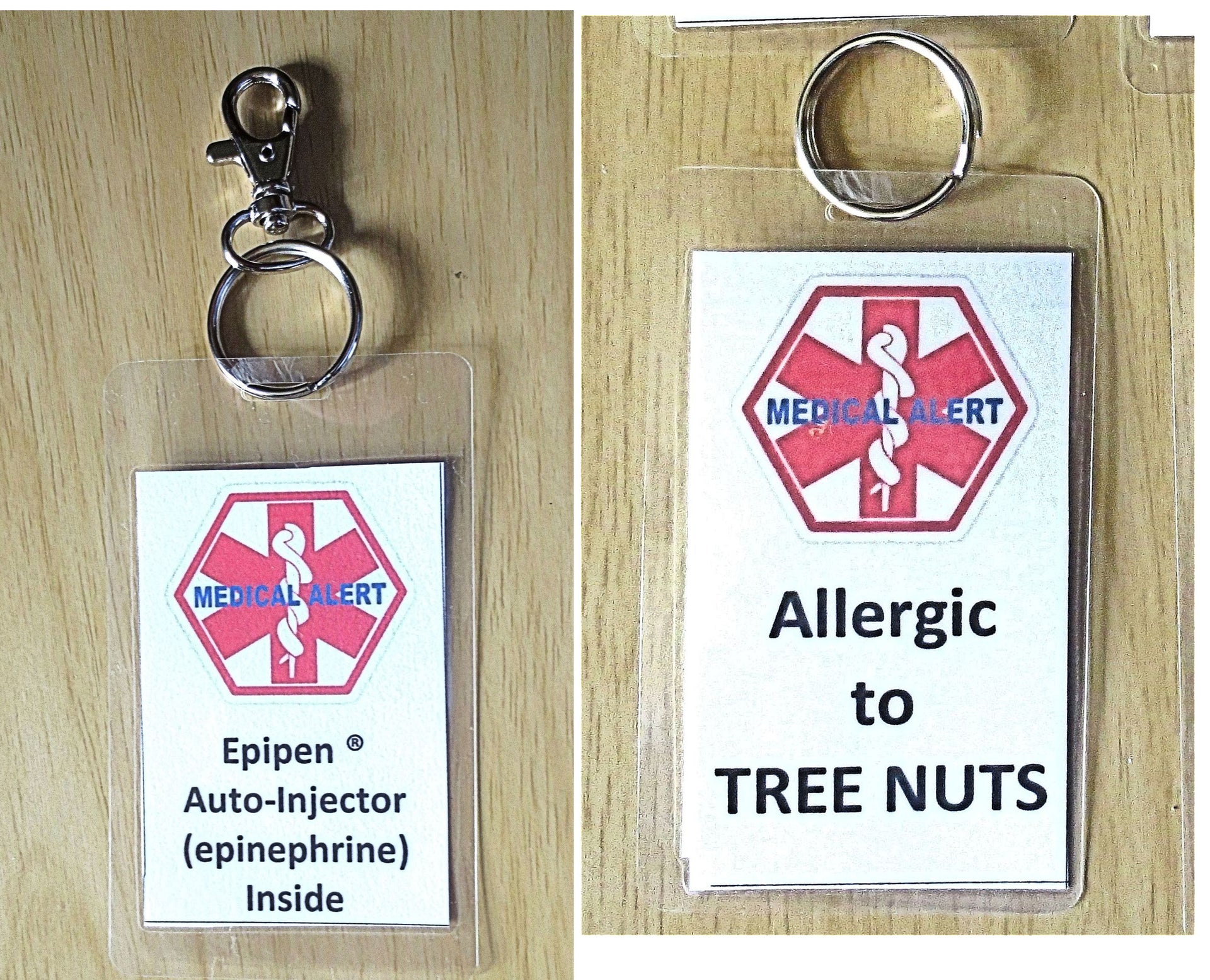 medical alert tag epipen ® auto-injector (epinephrine) inside laminated tag personalize epinephrine + tree nuts allergy / hook