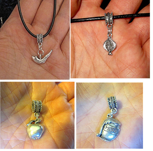 jewish high holiday simple silver euro pendants ---shofar, apple, honey pot, pomegranate