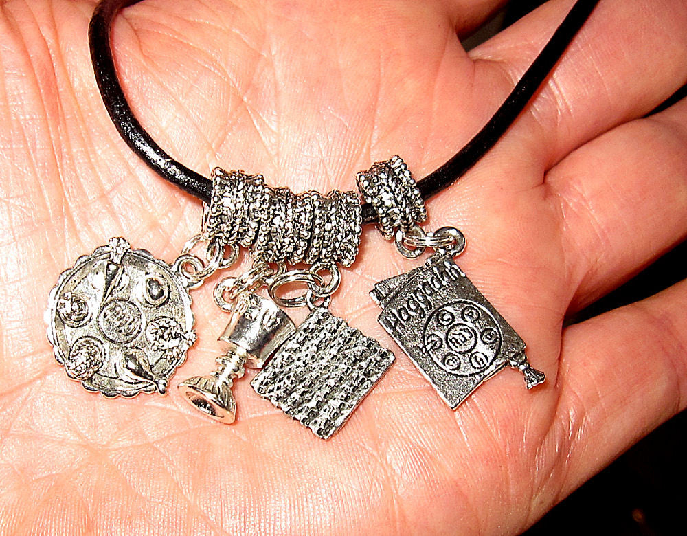 passover pesach simple silver euro pendants --- seder plate, matzah, haggadah, kiddush cup