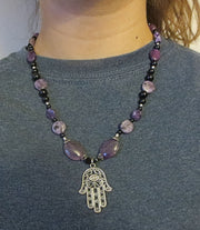 hamsa gemstone beaded purple black necklace