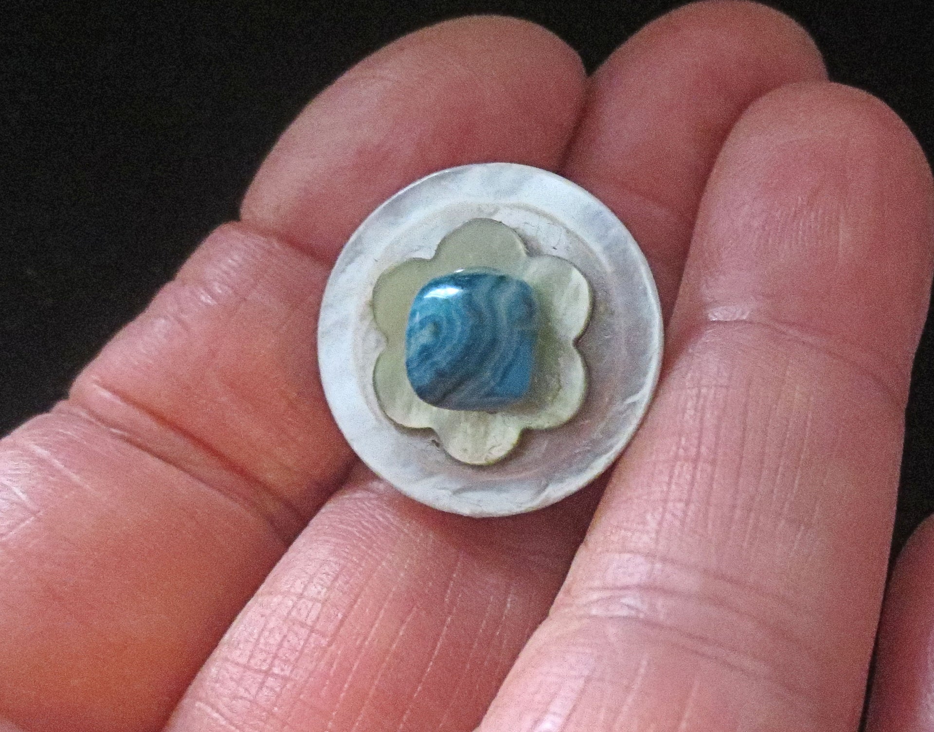 pin or brooch mother of pearl button one of a kind double mop flower blue crazy agate