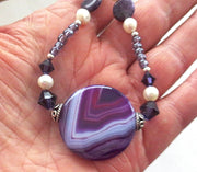 purple gemstones statement necklace with pearls and gorgeous agate main stone