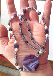 purple gemstones statement necklace with pearls and gorgeous agate main stone