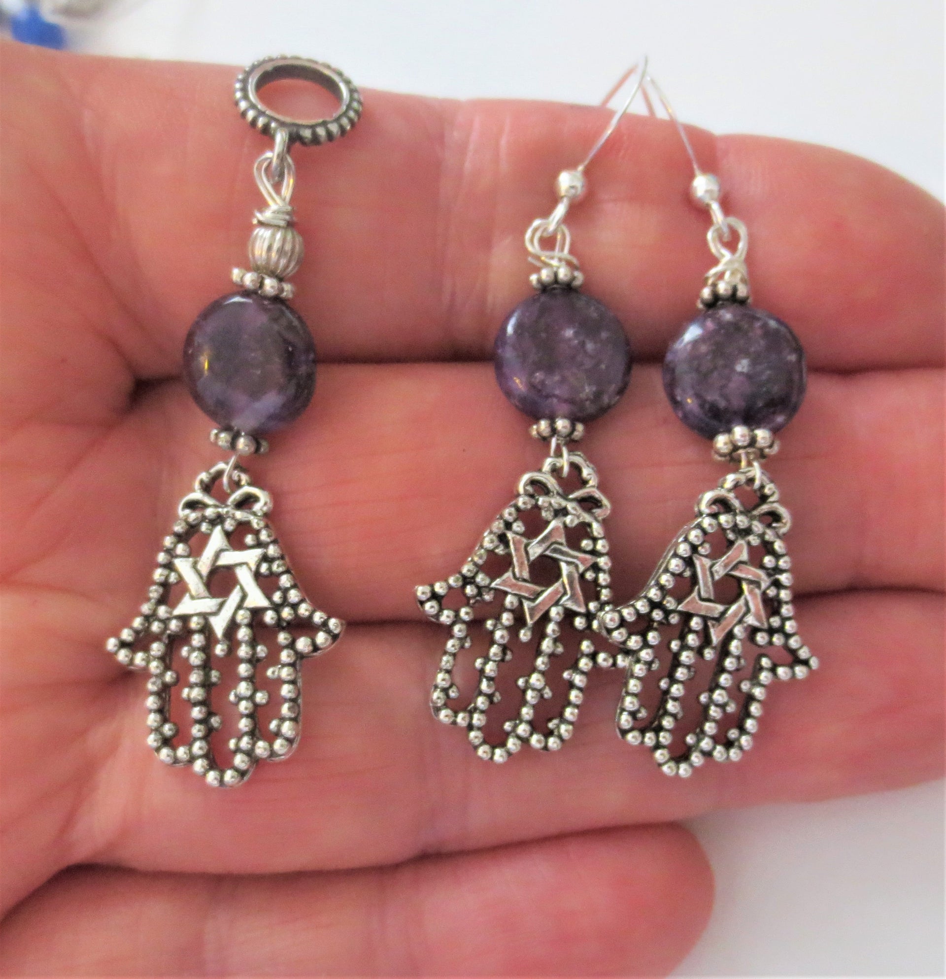 hamsa filigree pendant and earrings star of david jewelry set gemstone choice sterling silver regular ear wires / purple leopdite
