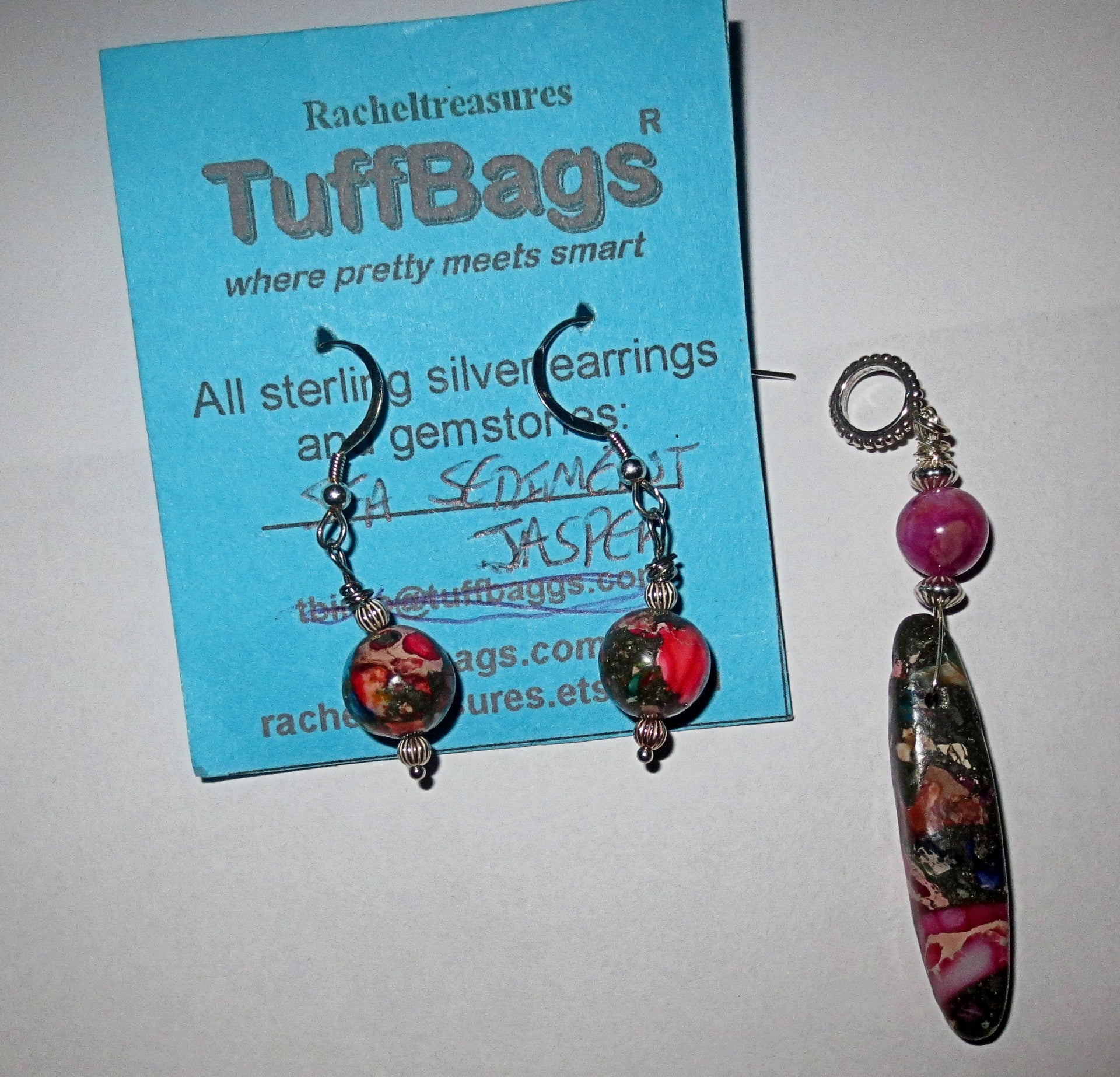 sea sediment jasper cylinder pendant and earrings set lots of pink