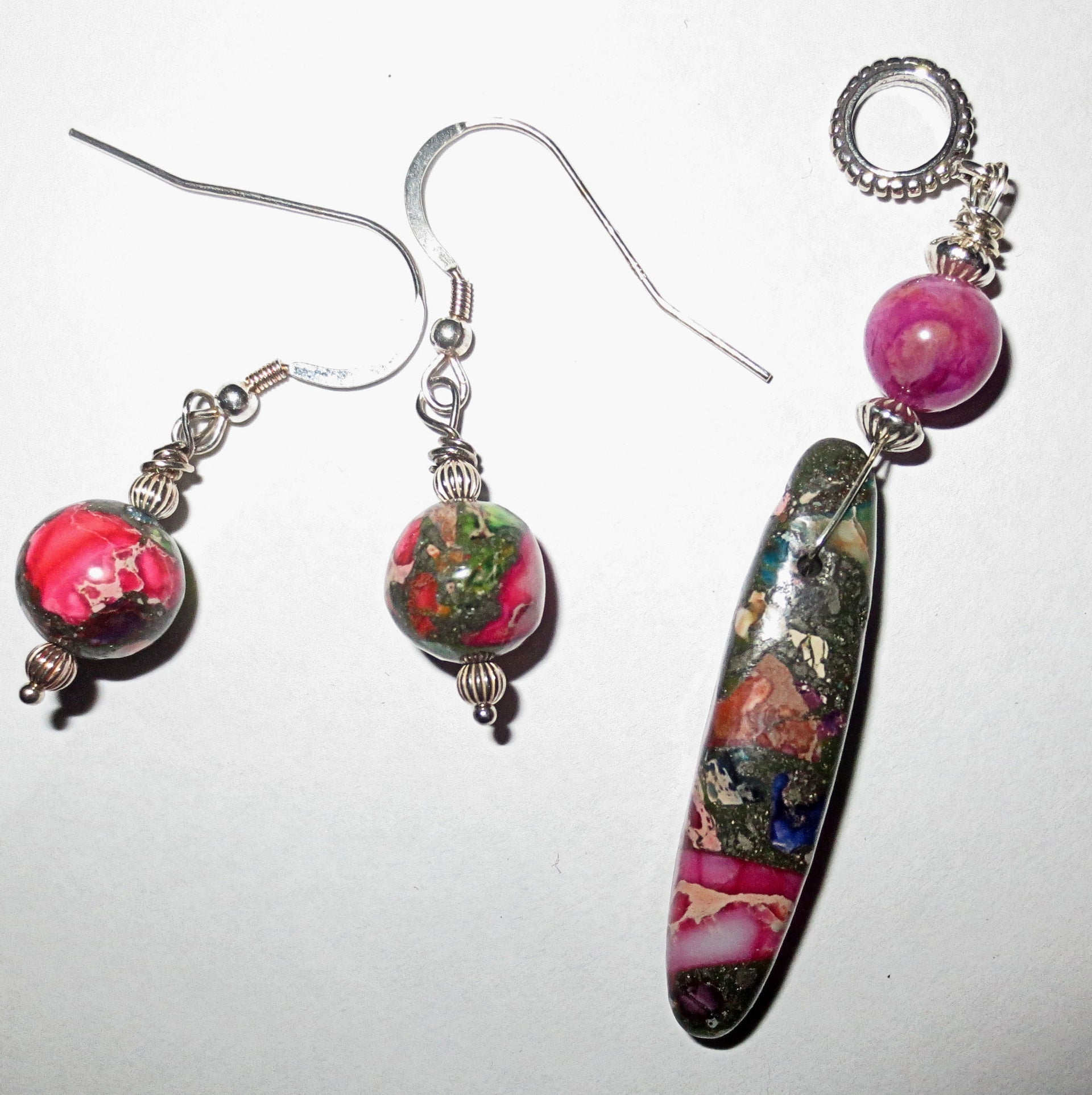 sea sediment jasper cylinder pendant and earrings set lots of pink