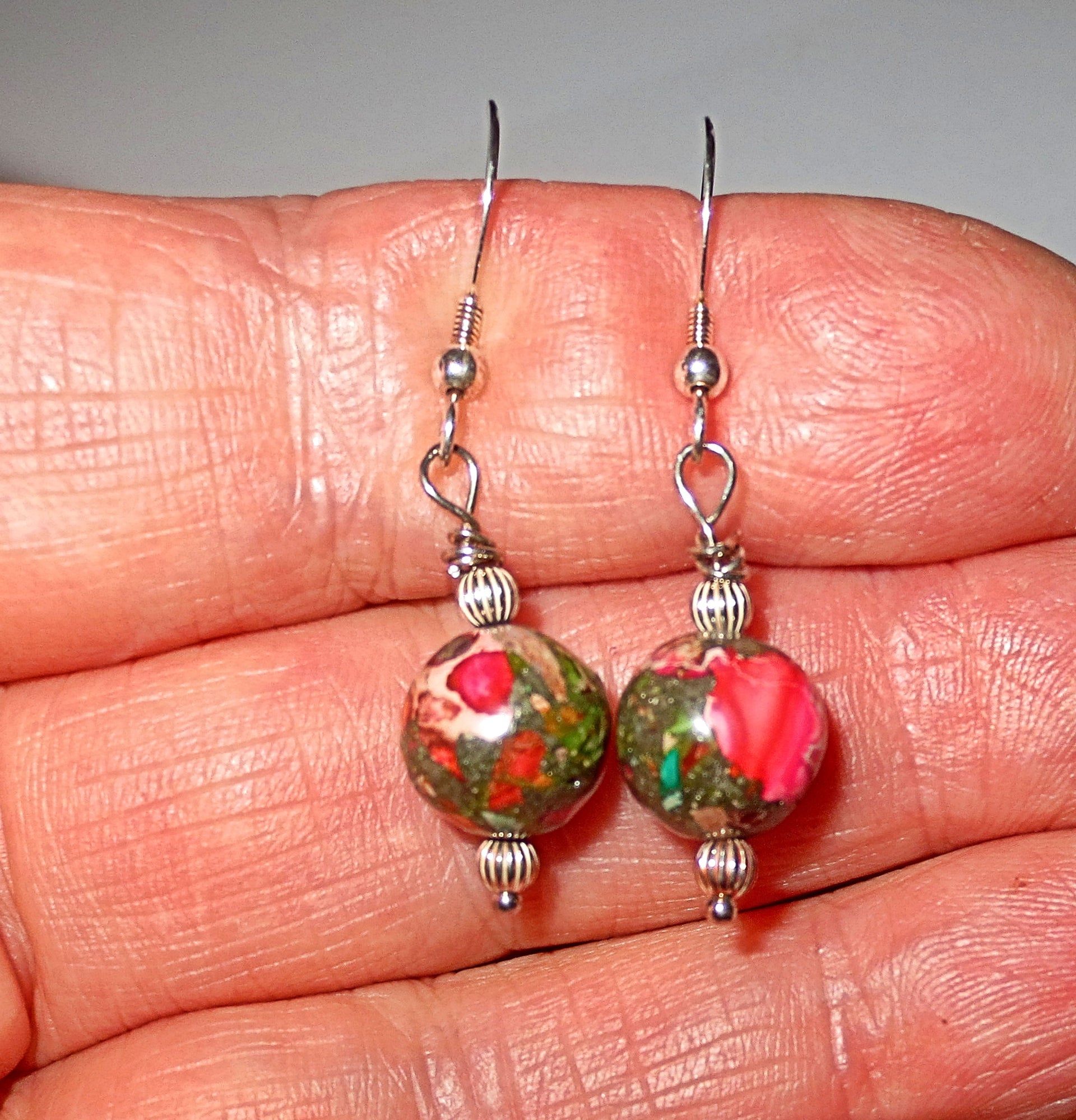 sea sediment jasper cylinder pendant and earrings set lots of pink