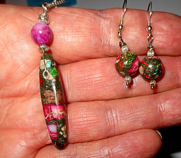 sea sediment jasper cylinder pendant and earrings set lots of pink