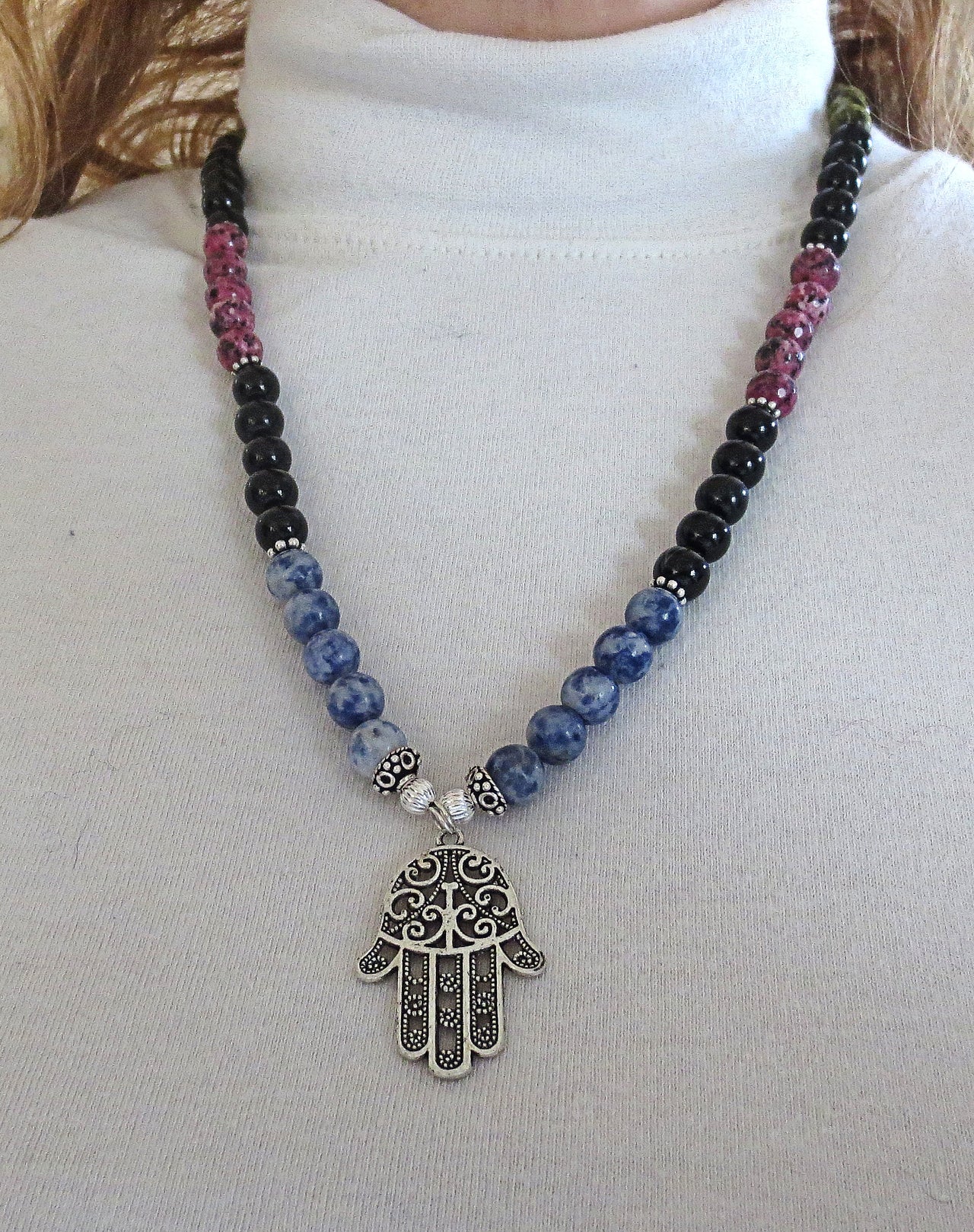 hamsa gemstone necklace sterling silver beads variety genuine stones jewelry