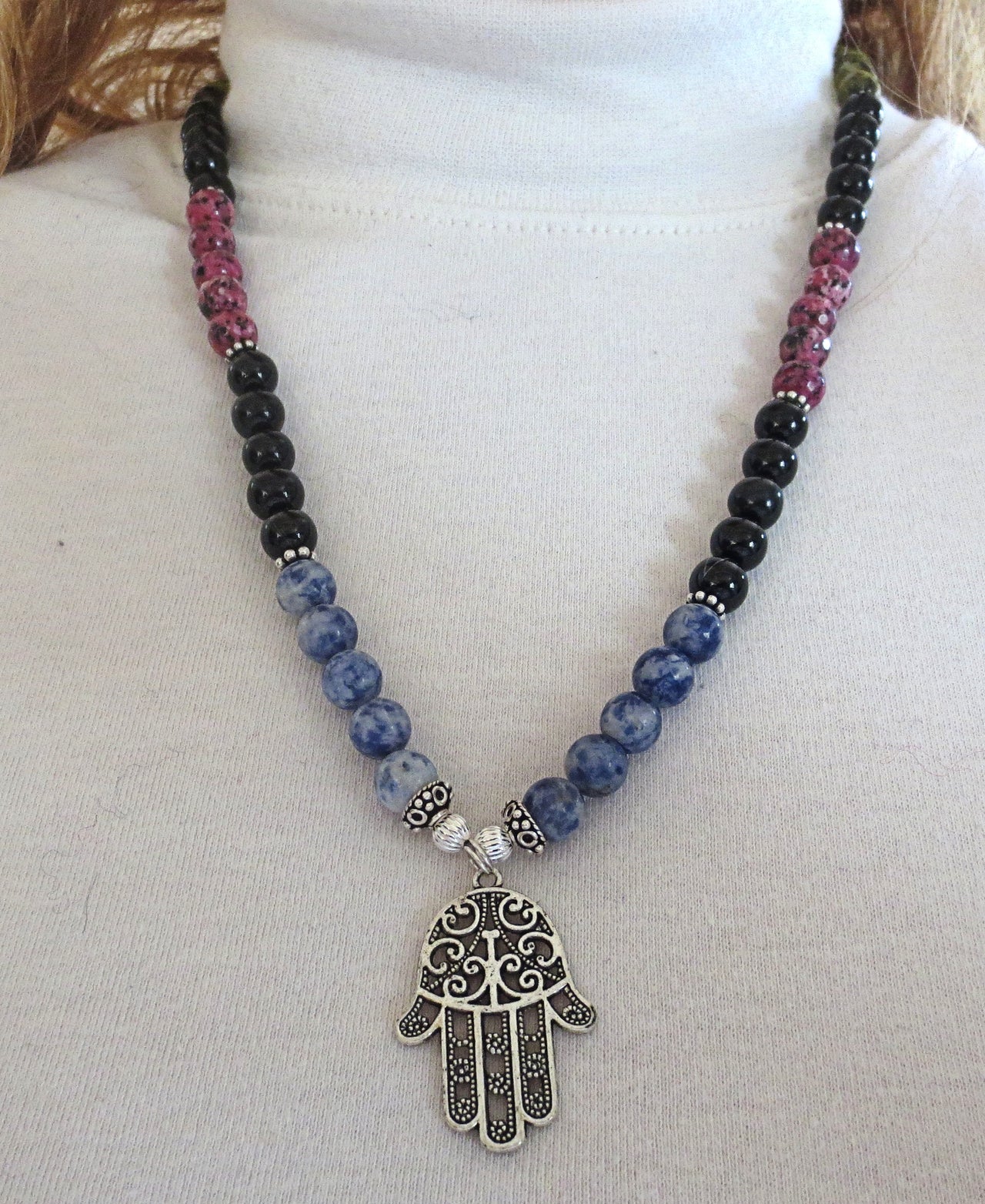 hamsa gemstone necklace sterling silver beads variety genuine stones jewelry