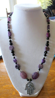 hamsa gemstone beaded purple black necklace