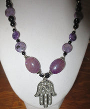 hamsa gemstone beaded purple black necklace