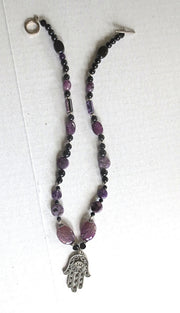 hamsa gemstone beaded purple black necklace