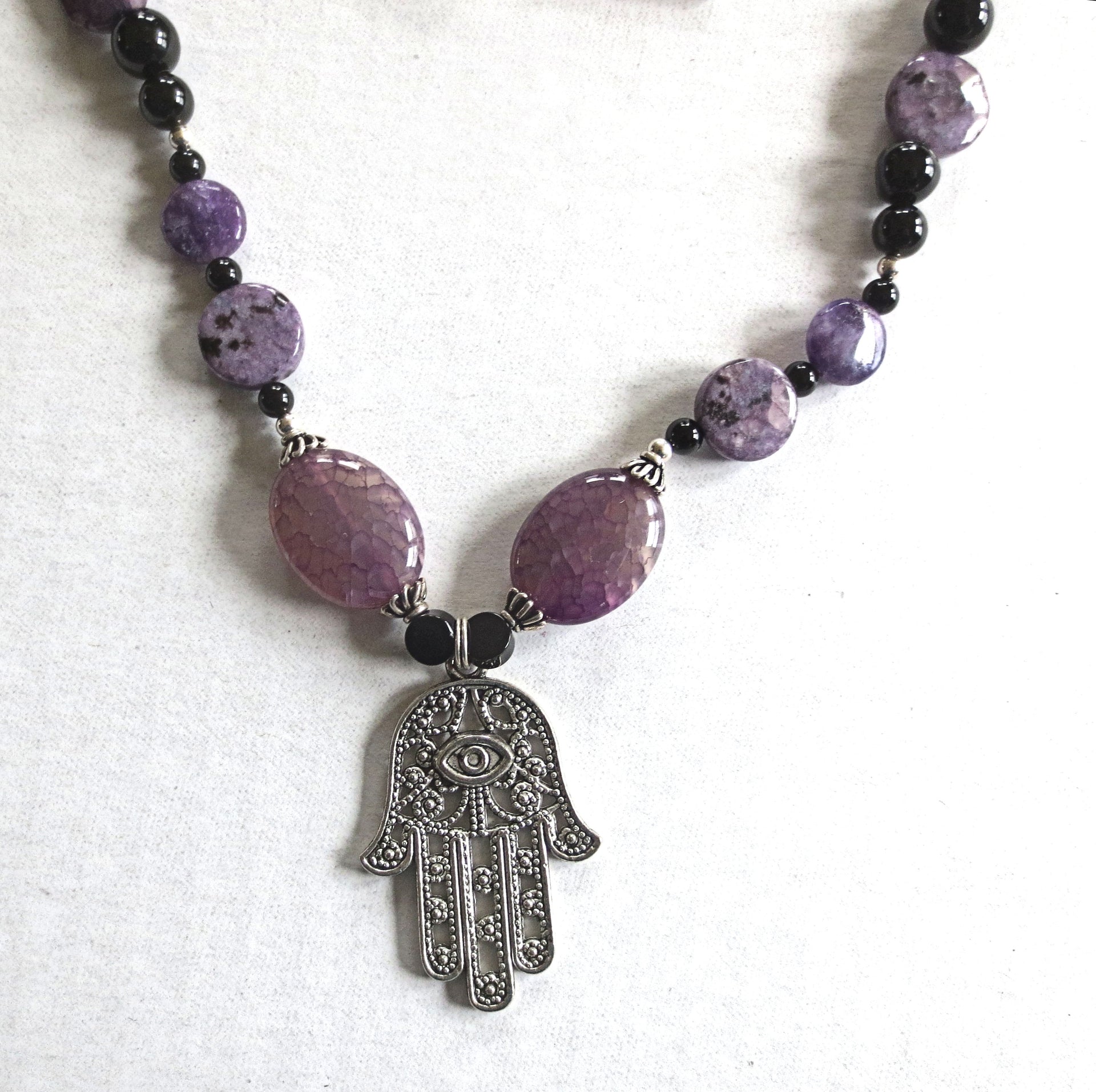 hamsa gemstone beaded purple black necklace