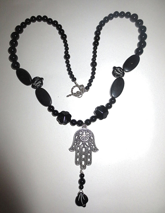 hamsa black onyx gemstone necklace hand of fatima jewelry evil eye protection one of a kind