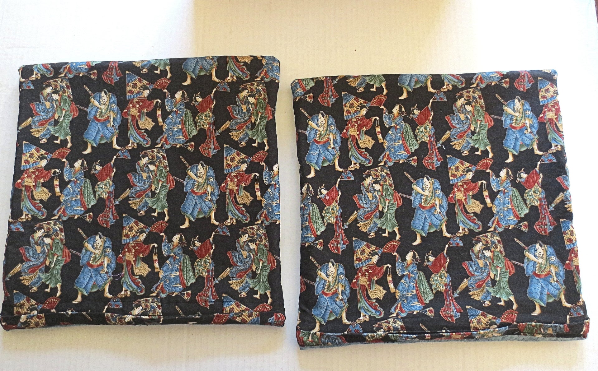 asian quilted pillow covers reversible pair geishas and samari characters