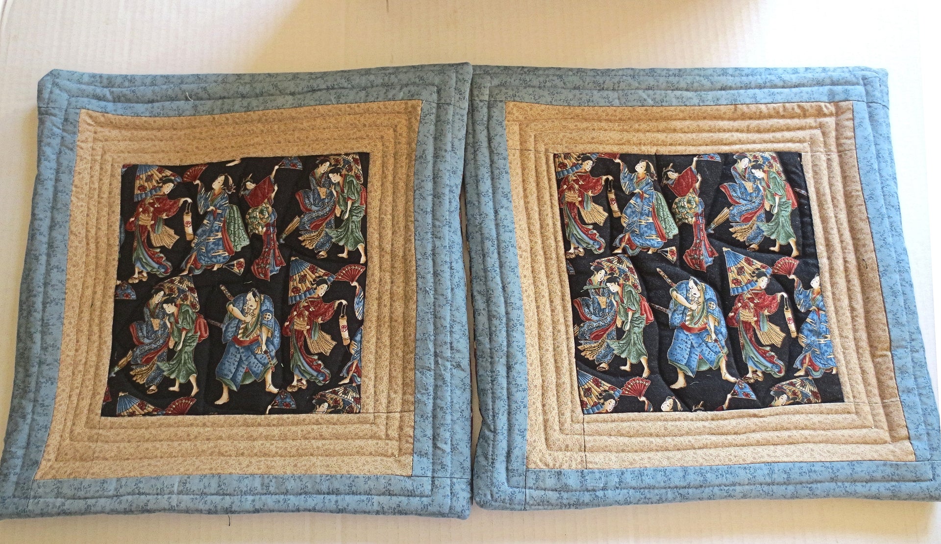 asian quilted pillow covers reversible pair geishas and samari characters