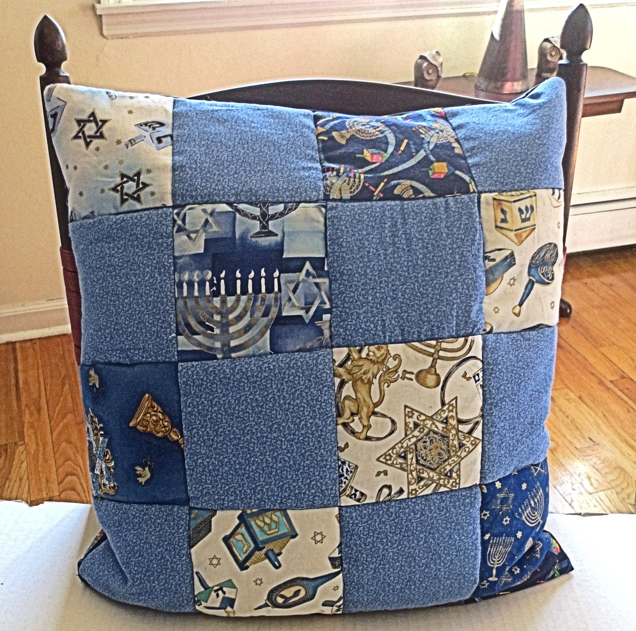 hanukkah quilted pillow cover patchwork dreidels menorahs metallic golds blues reversible