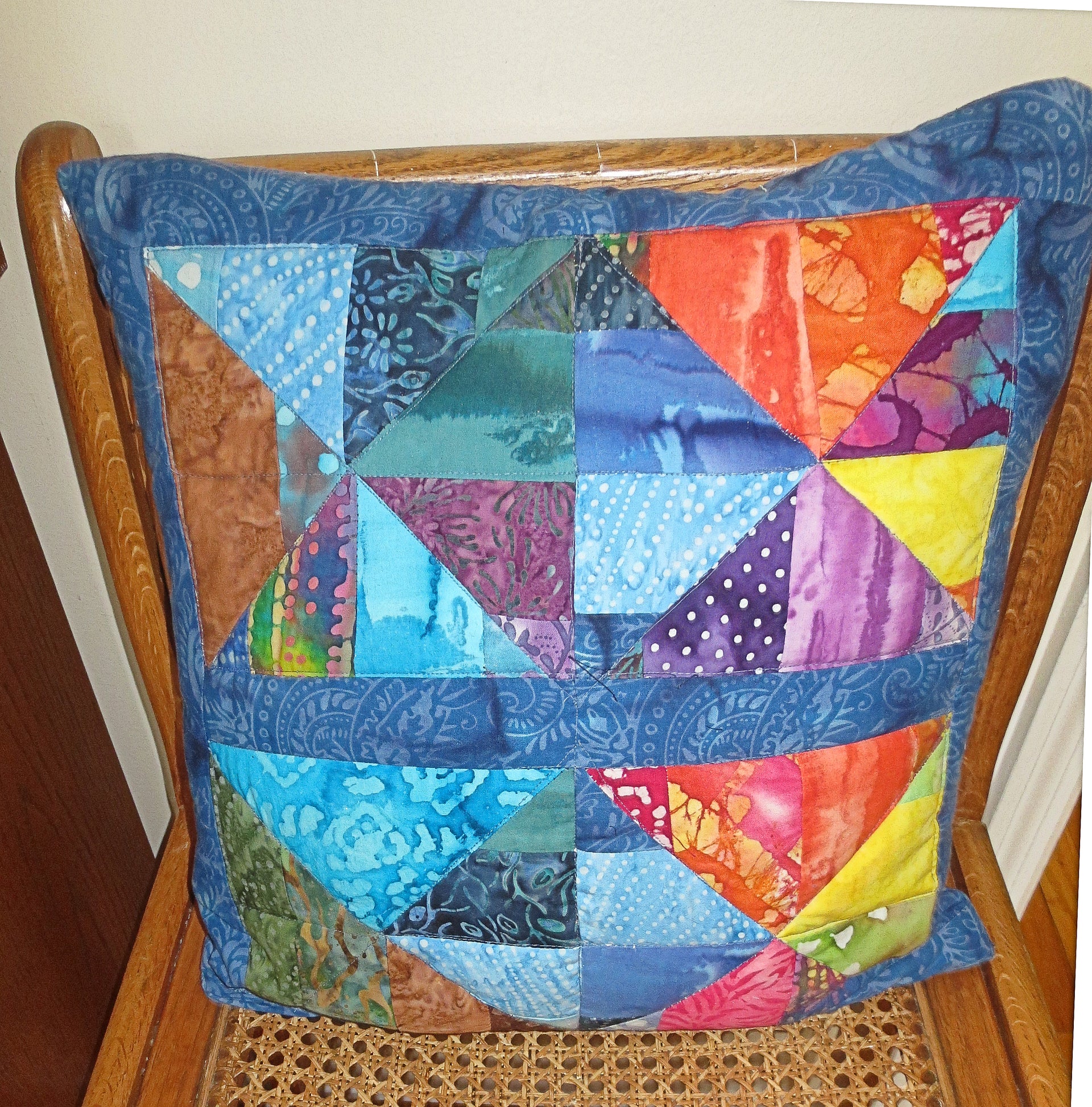 batik quilted pillow cover pretty bright batiks reversible triangles squares design