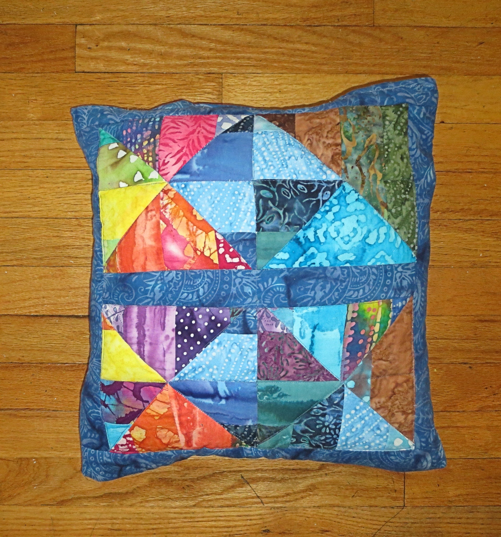 batik quilted pillow cover pretty bright batiks reversible triangles squares design