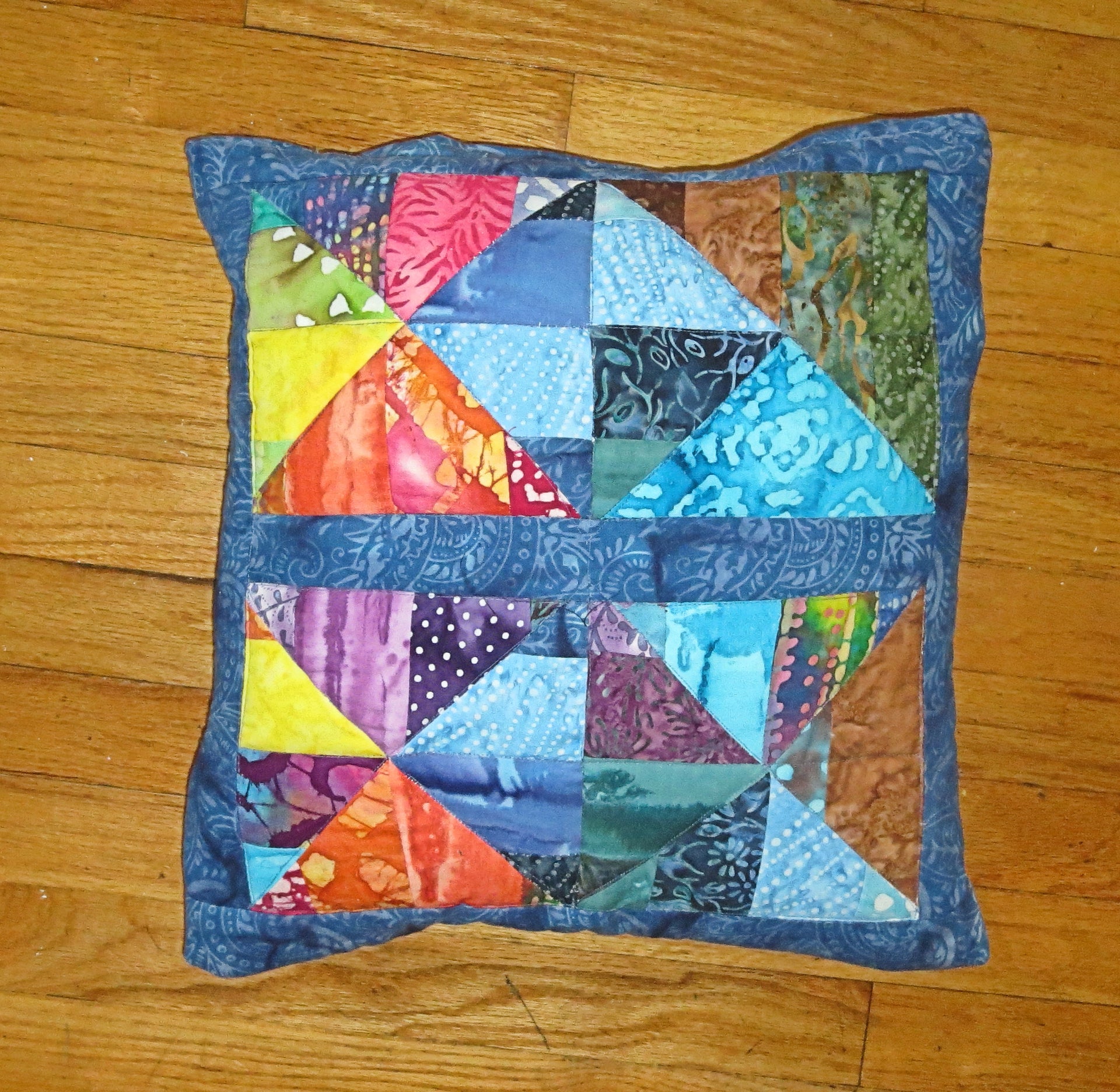 batik quilted pillow cover pretty bright batiks reversible triangles squares design