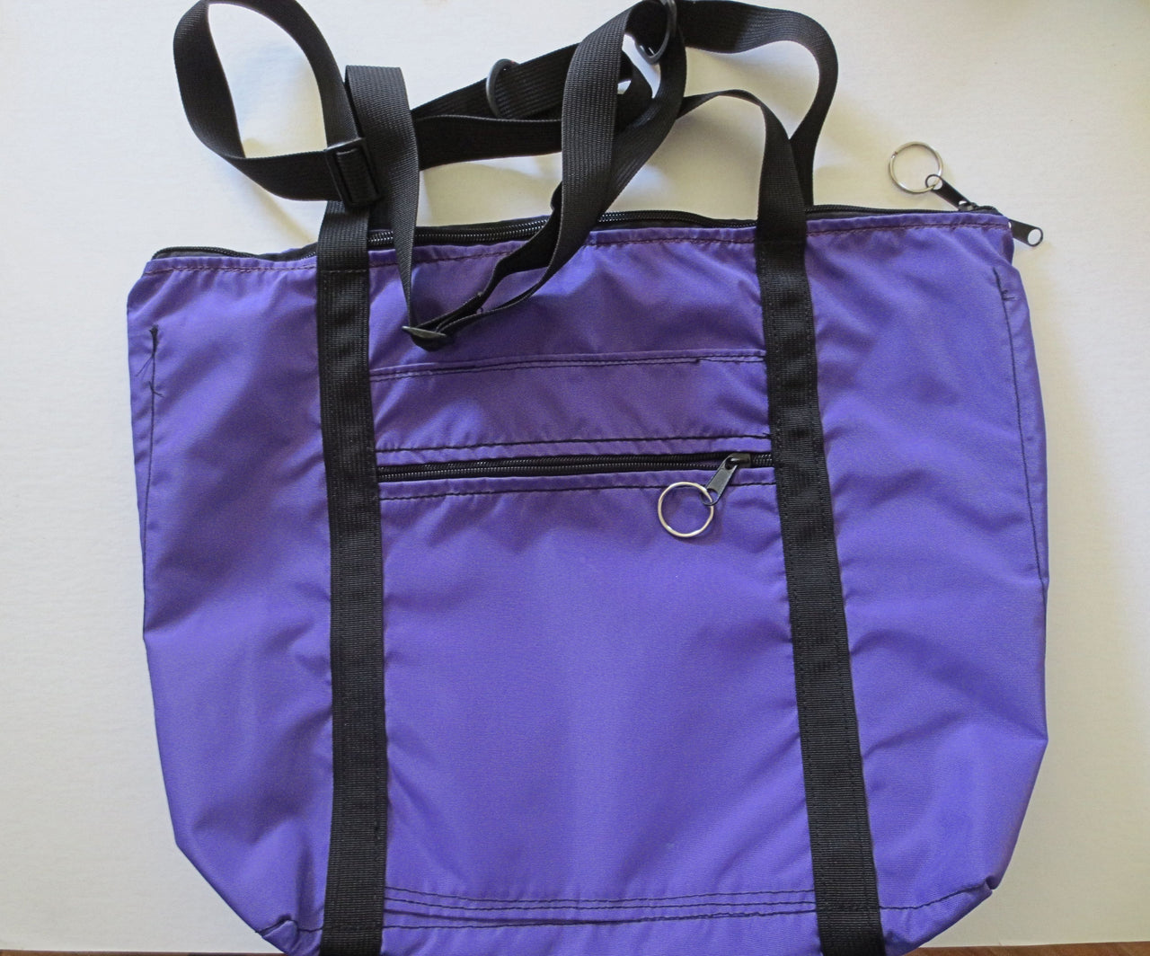 Purple zippered tote bag adjustable handles weather proof 2 outer zippered pockets